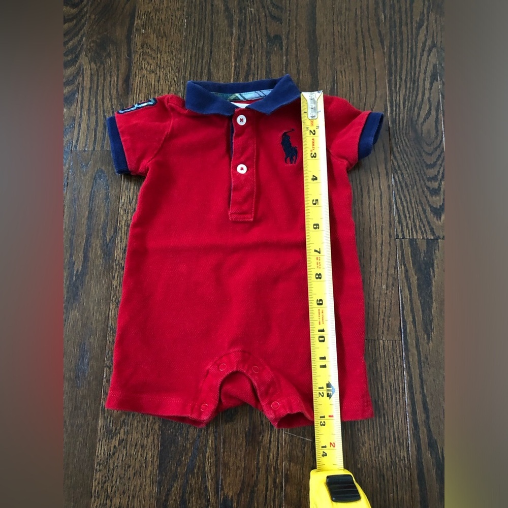 Ralph Lauren Boys 3M Red/Blue Polo Collared Short-Sleeved Romper w/Embroidery - Picture 6 of 10